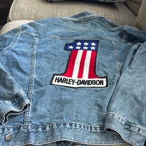 Harley Davidson Denim Jean Motorcycle Jacket Number One Patch Size Large​​​​​